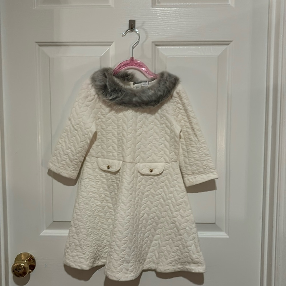 Janie And Jack Quilted Winter White Dress w Faux Fur Collar Girls 4